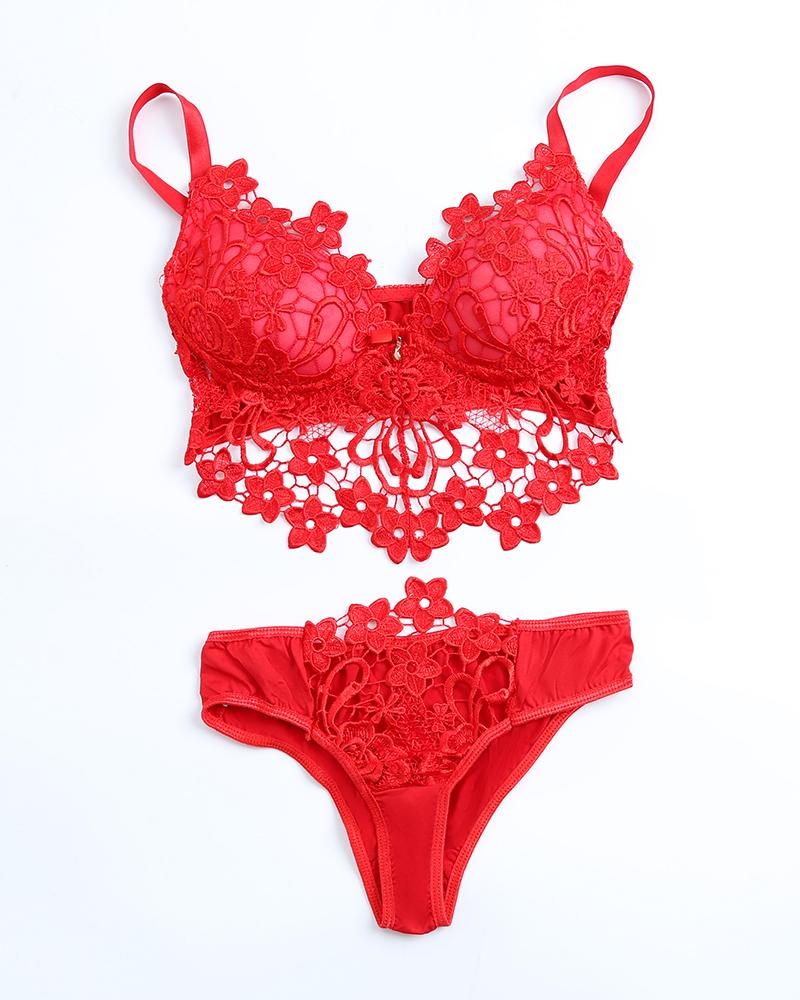 Guipure Lace Spaghetti Strap Christmas Lingerie Set