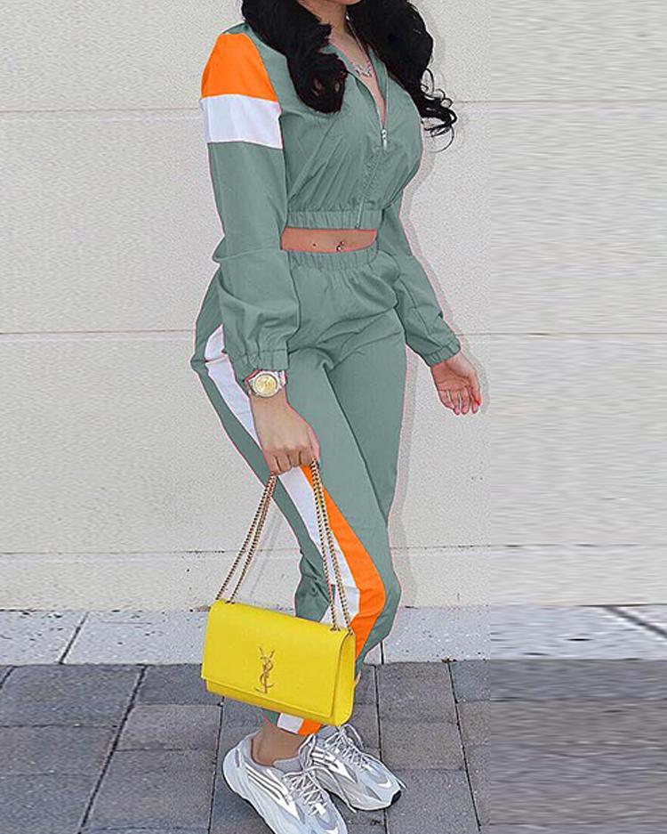 Colorblock Insert Zipper Crop Top & Pant Sets