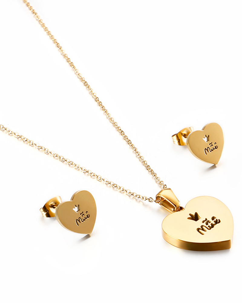 2pcs Mother's Day Gift Heart Shaped Pendant Necklace &  Earrings Jewelry Set