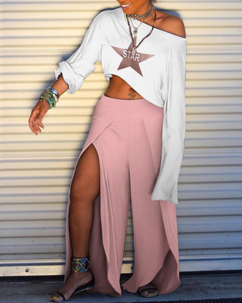 Star Print Long Sleeve T-shirt & Slit Pant Sets