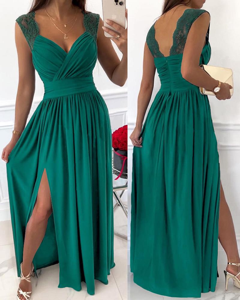 High Slit Crochet Lace Ruched Evening Dress