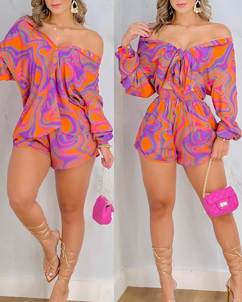 Marble Print Lantern Sleeve Shirt & Shorts Set