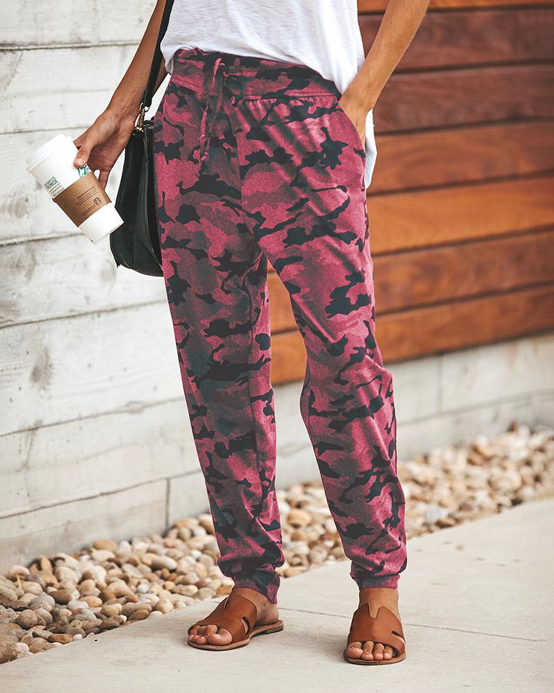Camo Print Drawstring Pocket Design Sweatpants