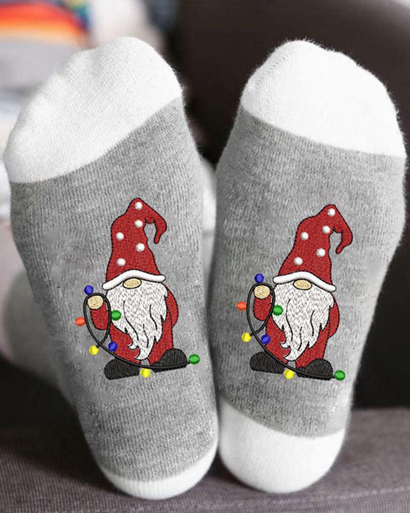 1Pair Christmas Cartoon Santa Gnomes Print Colorblock Crew Socks