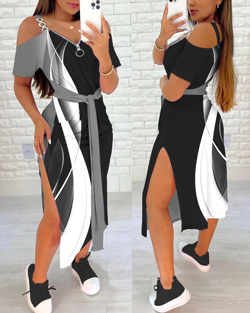 Abstract Print Colorblock Tied Detail Slit Casual Dress