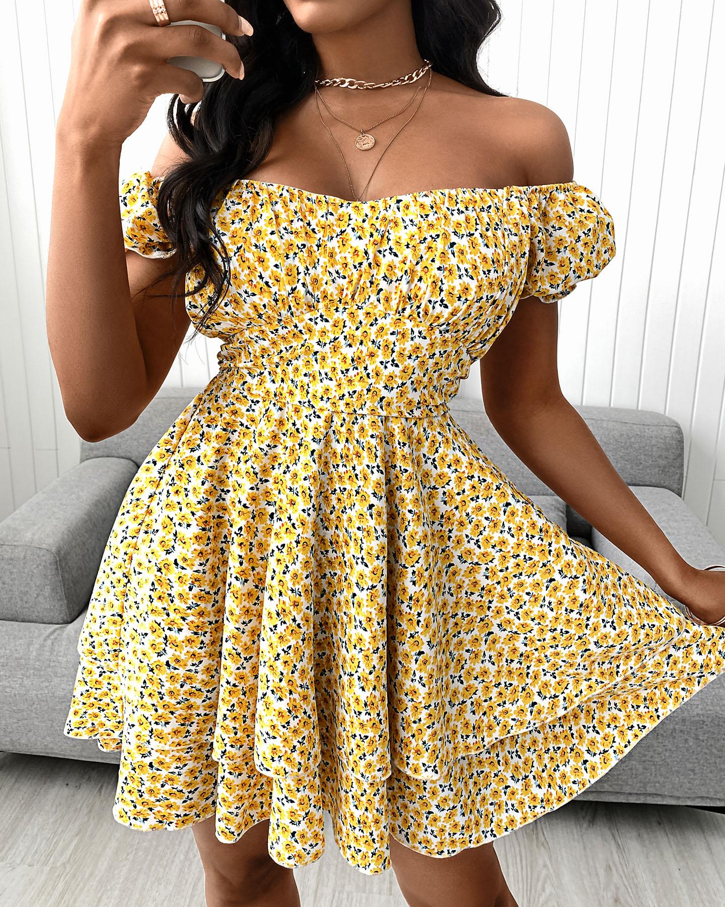 Ditsy Floral Print Off Shoulder Ruffle Hem Dress