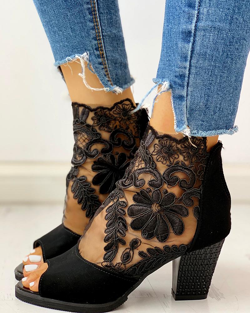 Lace Mesh Insert Chunky Heeled Boots