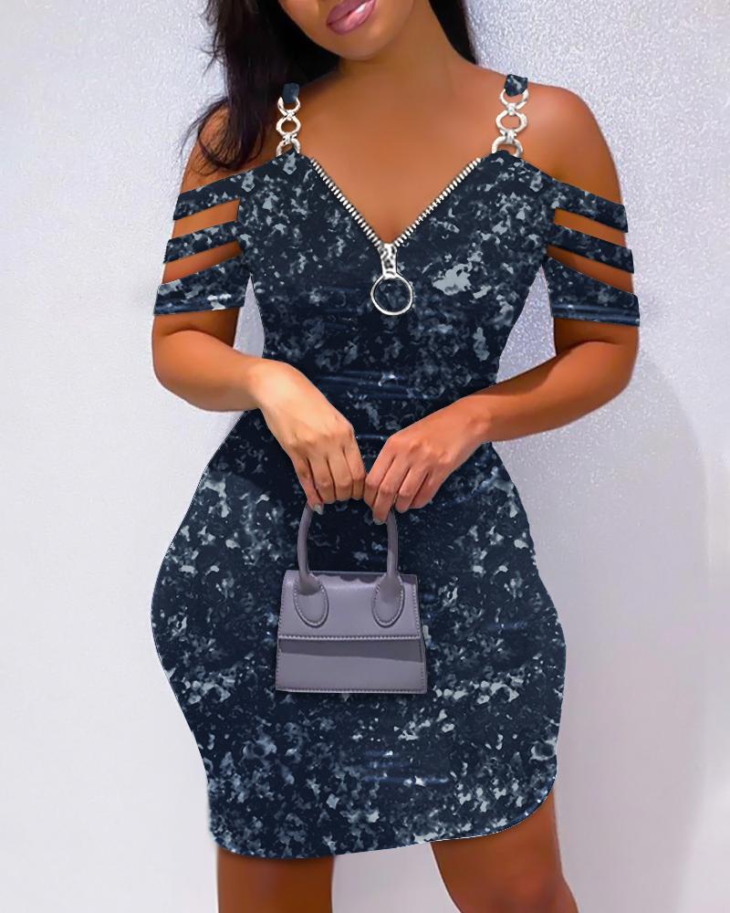 Tie Dye Print Cold Shoulder Zipper Fly Bodycon Dress