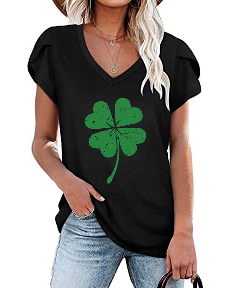 St. Patrick's Day Clover Print V-Neck Casual T-shirt