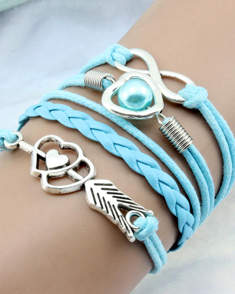 1pc Double Heart Pearl Decor Multi-Layer Braided Leather Bracelet