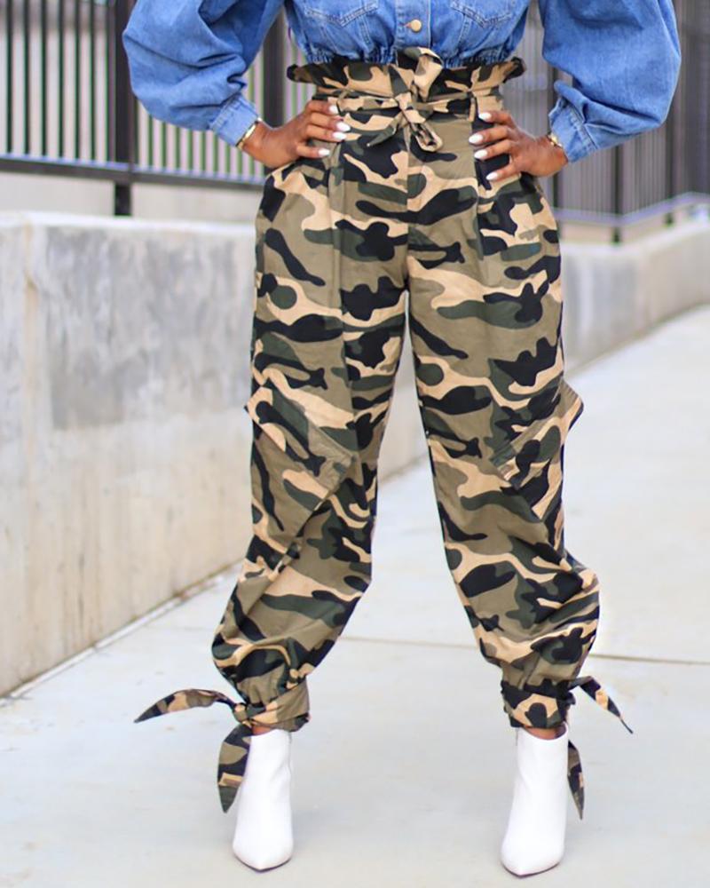 Camouflage Print Pocket Design Cuffed Cargo Pants