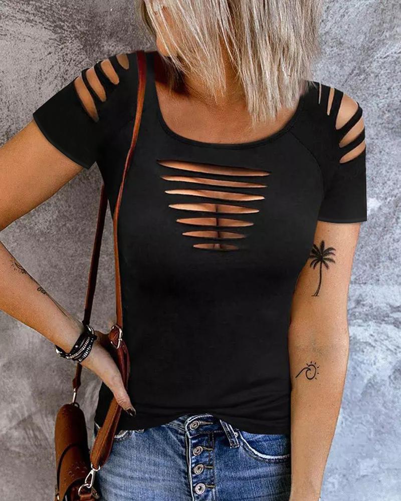 Ladder Cutout Round Neck Casual T-shirt