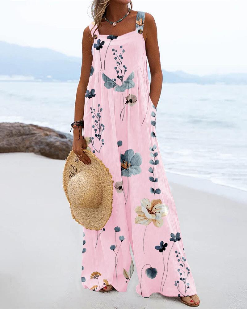 Floral Print Wide Leg Suspender Jumpsuit