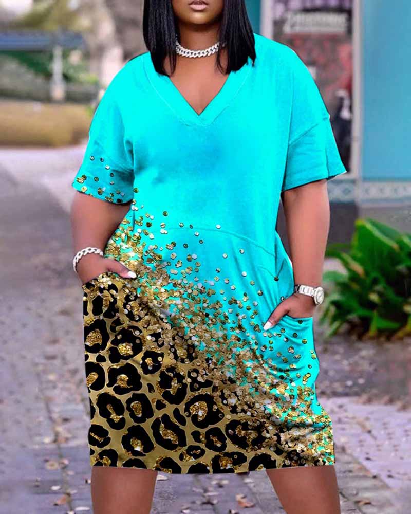 Casual Dresses  ChicMe Plus Size Contrast Leopard Print Pocket Design Casual Dress