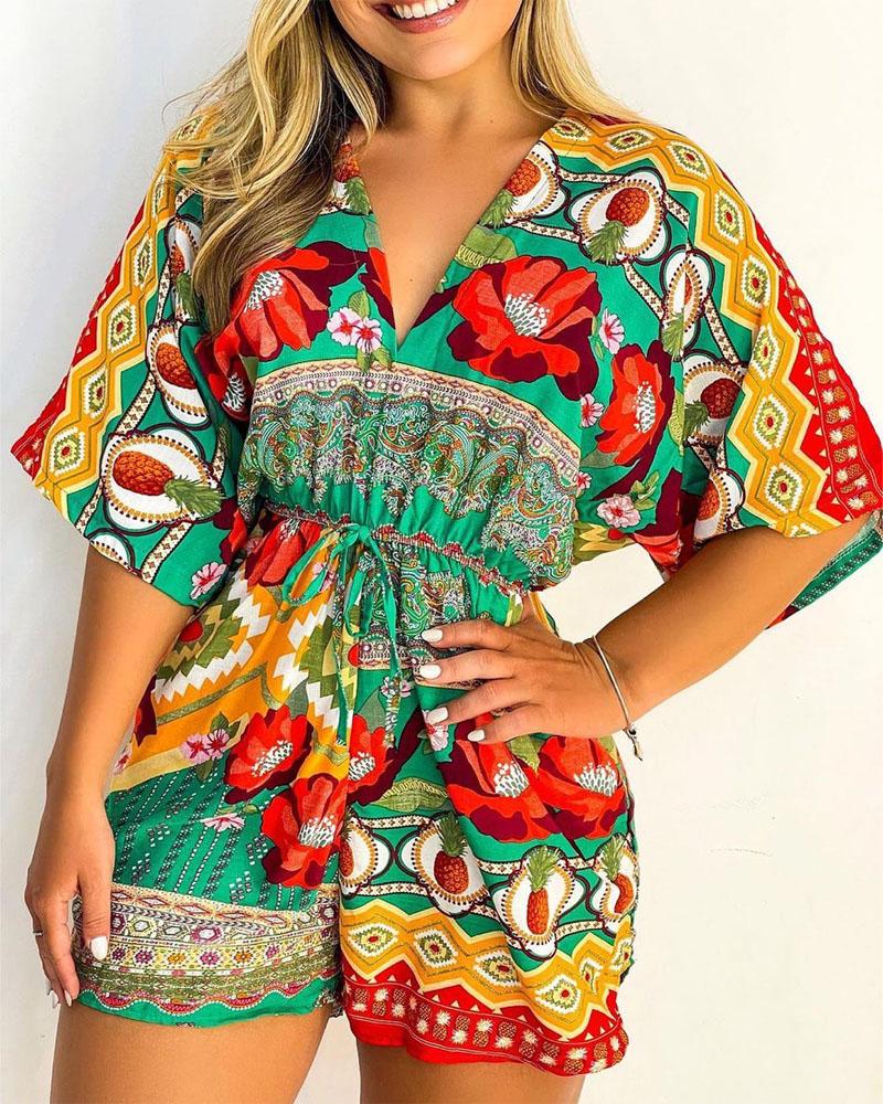 Floral Pineapple Print V-Neck Drawstring Romper