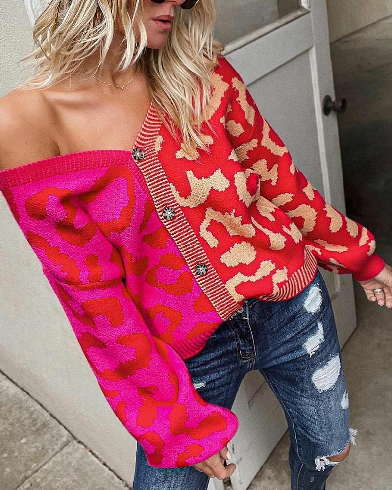 Cheetah Pattern Print Colorblock Button Decor Cardigan