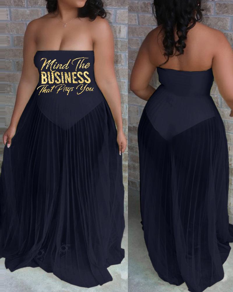 Letter Print Bandeau Ruched Maxi Dress