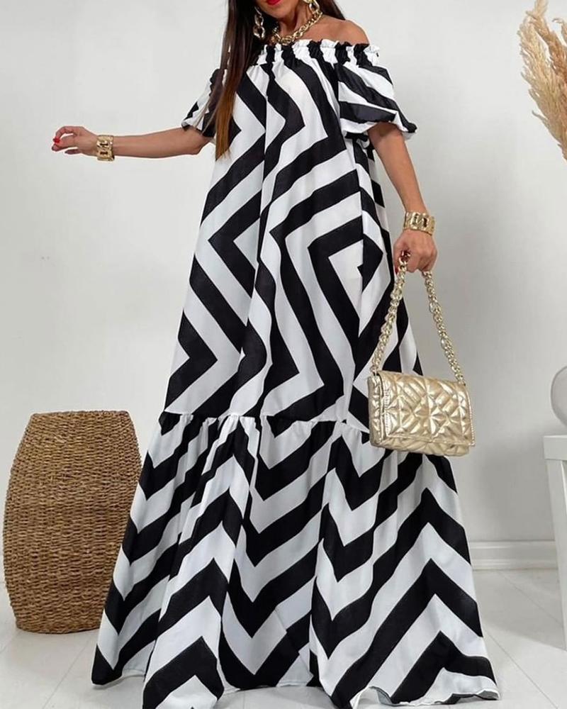 Plus Size Chevron Print Frill Hem Off Shoulder Maxi Dress