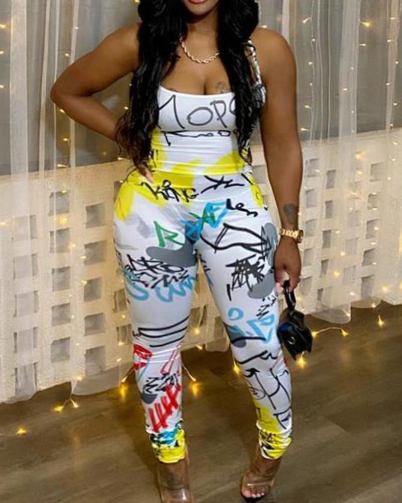 Abstract Print Crisscross Backless Jumpsuit