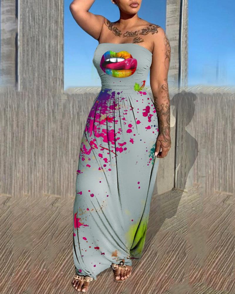 Ink Splash Lip Print Bandeau Maxi Dress