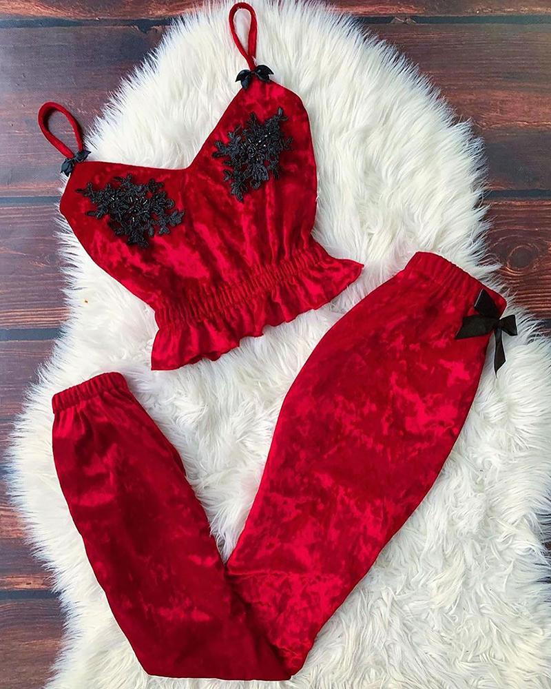 Christmas Shirred Snowflake Pattern Bowknot Decor Pajamas Set