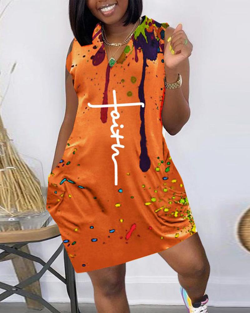 Ink Splash Letter Print Pocket Detail Casual Dress