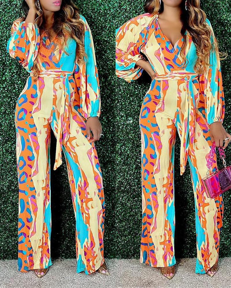 Allover Print Long Sleeve Belted Jumpsuit