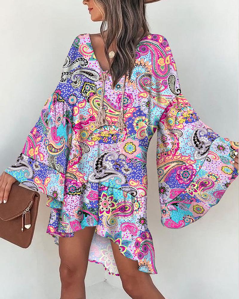 Paisley Floral Print Bell Sleeve Tassel Swing Casual Dress