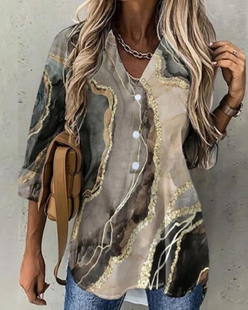 Marble Print Long Sleeve Button Down Shirt