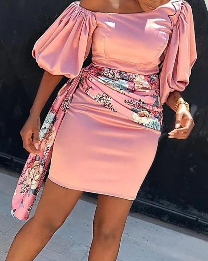 Floral Print Draped Detail Puff Lantern Sleeve Bodycon Dress