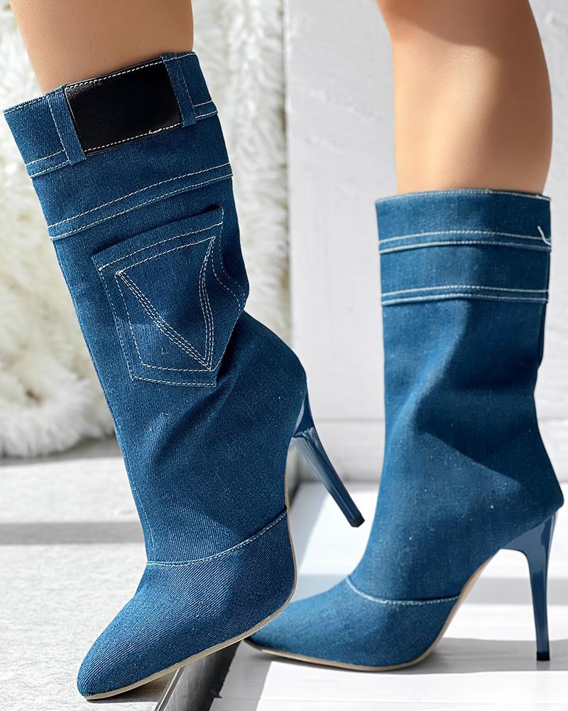 Stiletto Heel Point Toe Denim Ankle Boots With Pocket