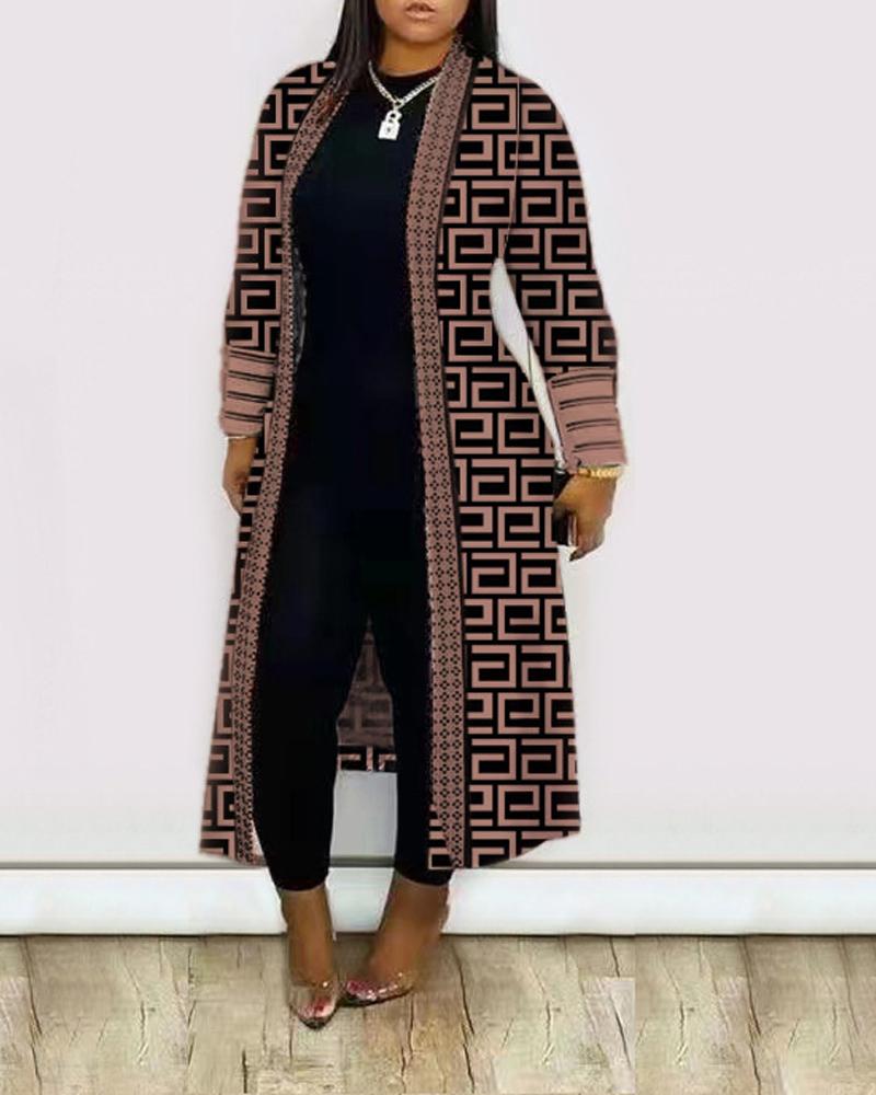 Geometric Print Open Front Longline Coat