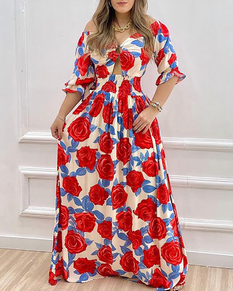 Floral Print Cutout Half Sleeve Maxi Dress