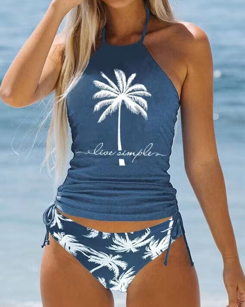   ChicMe Live Simple Coconut Tree Print Drawstring Halter Tankini Set