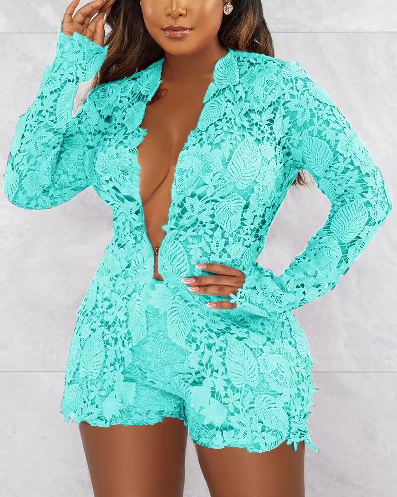 Long Sleeve Guipure Lace Top & Shorts Set