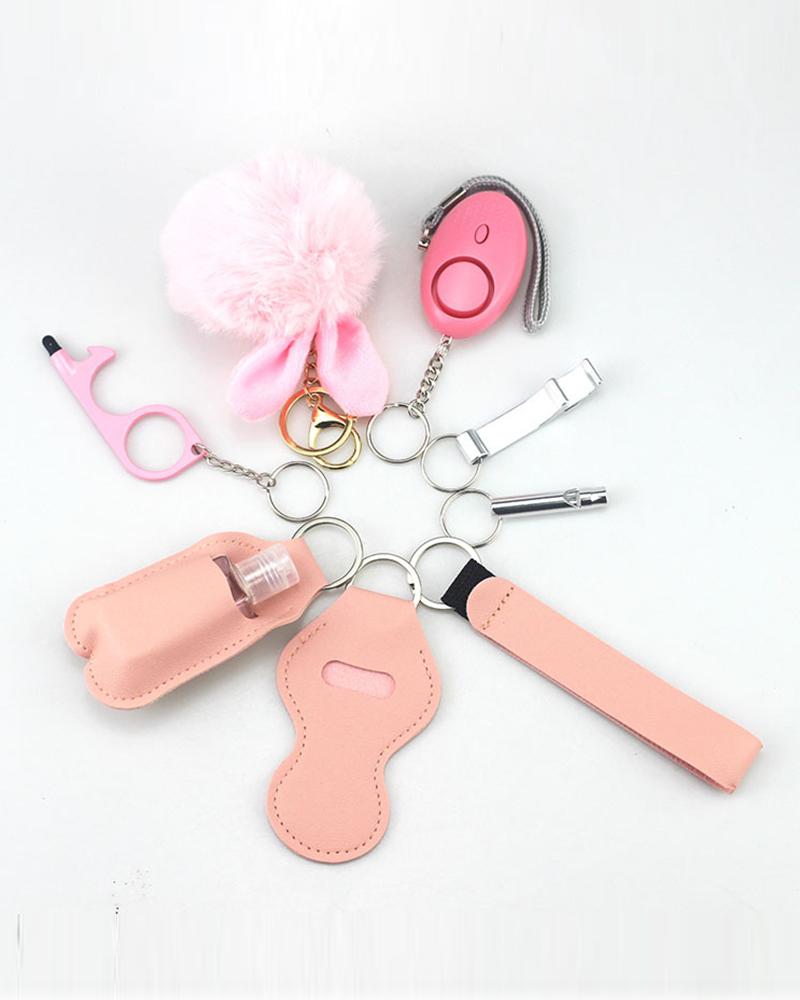 9pcs Graphic Print Whistle Pom Pom Self Defensive Keychain Set