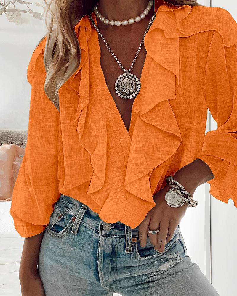 Ruffle Hem Long Sleeve Textured Blouse