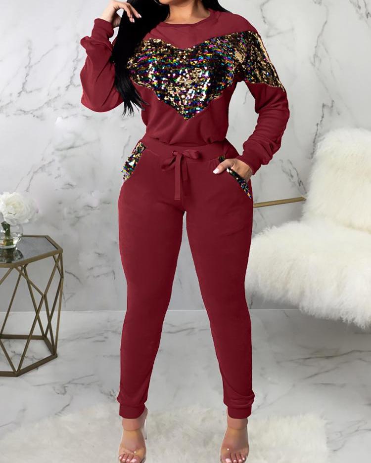 Heart Sequin Patch Drawstring Tracksuit