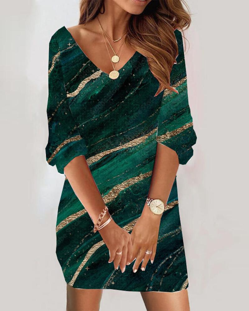 Marble Print V-Neck Long Sleeve Casual Dress