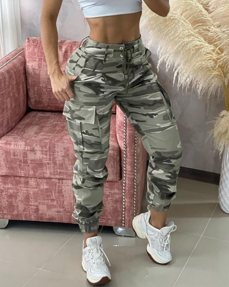 Camouflage Print Drawstring Pocket Design Cargo Pants