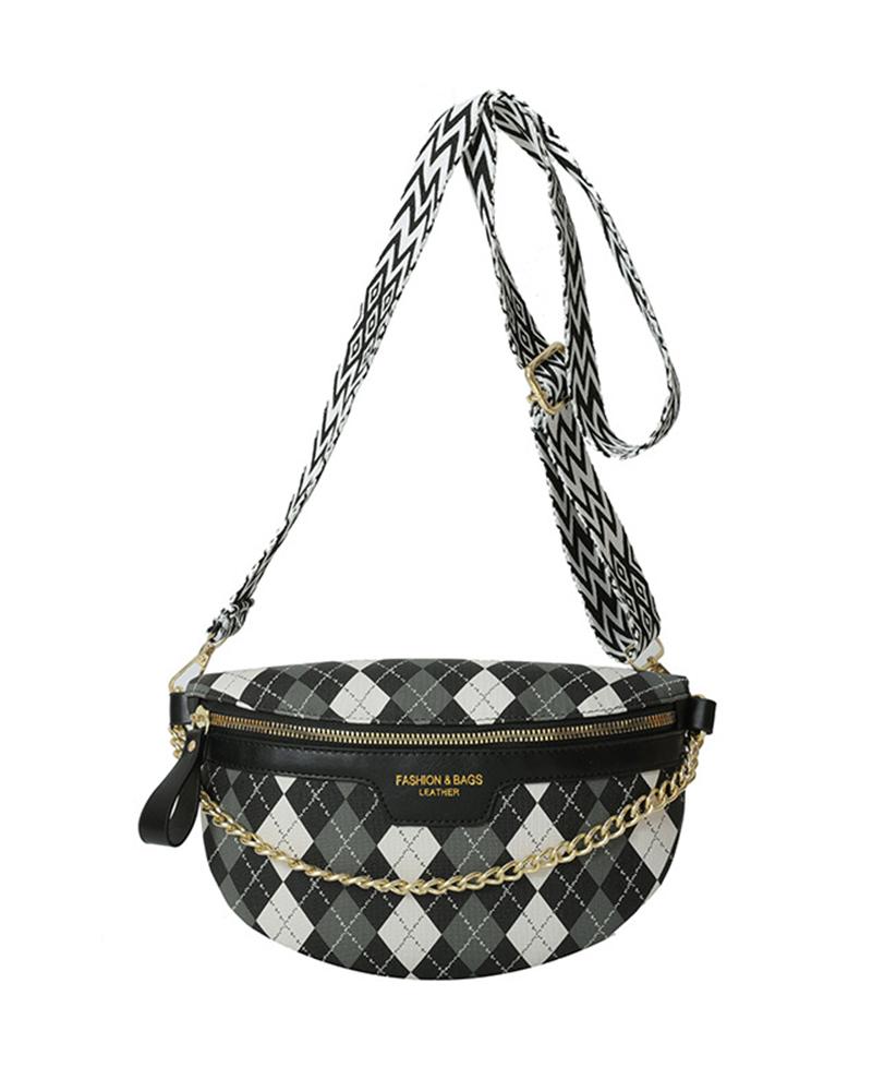 Chain Decor Zipper Design Crossbody Bag Argyle Fanny Pack