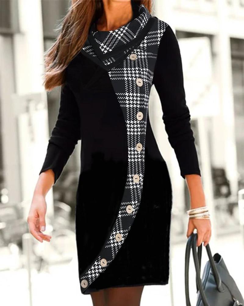 Plaid Print Long Sleeve Buttoned Casual Dress