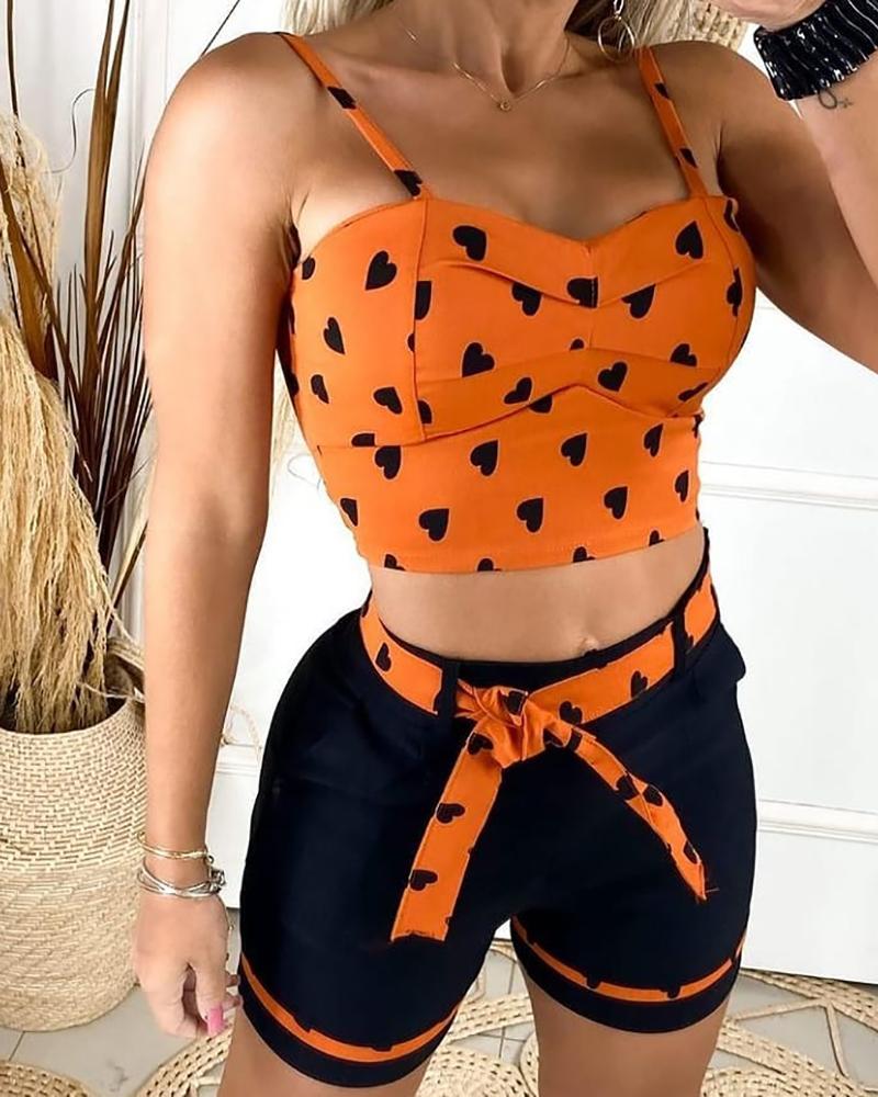 Heart Print Colorblock Spaghetti Strap Top & Shorts Set