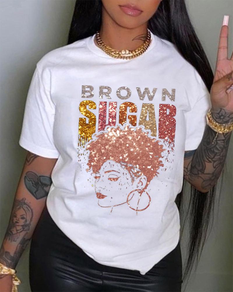 Plus Size Brown Sugar Afro Queen Print Casual T-shirt