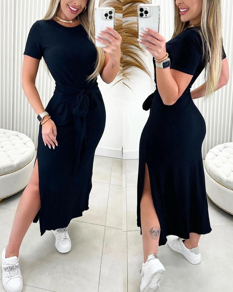 Short Sleeve Tied Detail Slit Dress