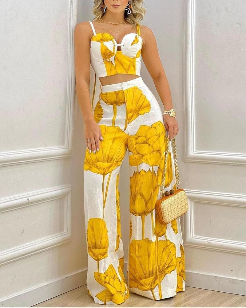 Plants Print Crop Cami Top & Wide Leg Pants Set
