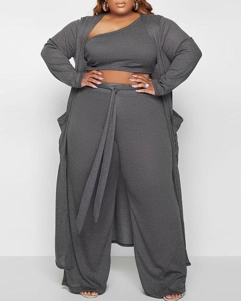 Plus Size One Shoulder Crop Top & Drawstring Pants Set With Longline Coat