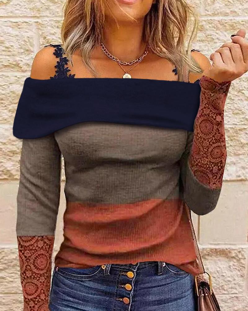 Colorblock Contrast Lace Cold Shoulder Top