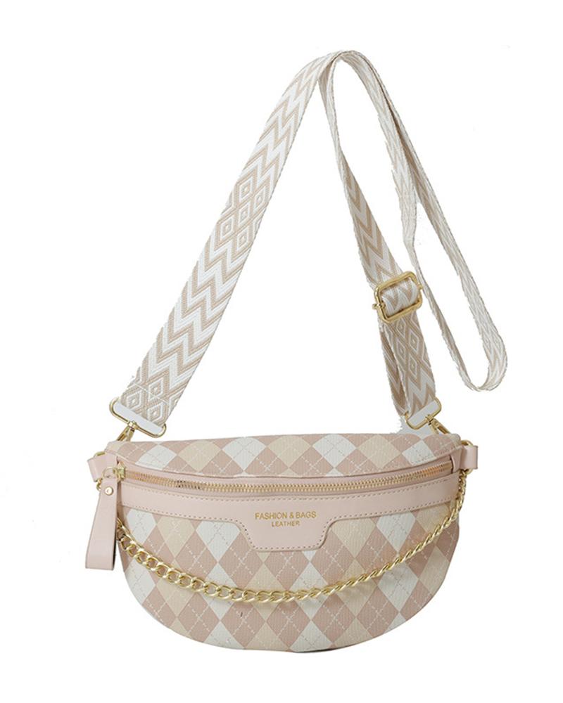 Chain Decor Zipper Design Crossbody Bag Argyle Fanny Pack