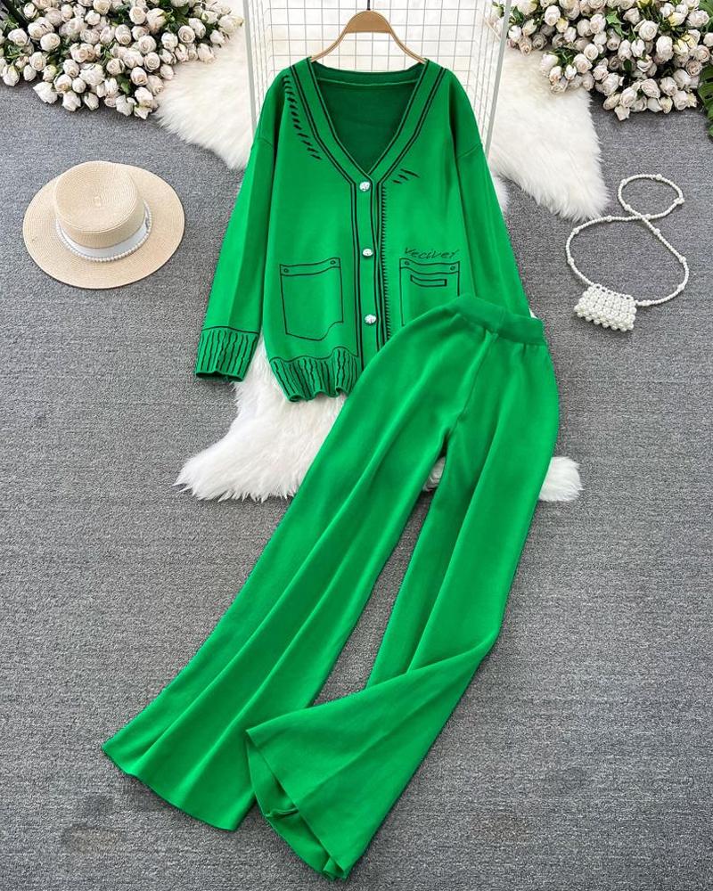 Cartoon Graphic Pattern Knit Cardigan & Wide Leg Pants Set